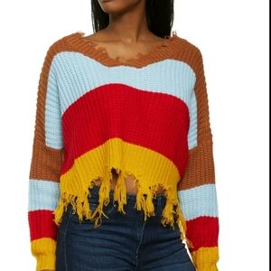 NWOT Rock & Roll Denim Colorful Frayed Destroyed  Sweater